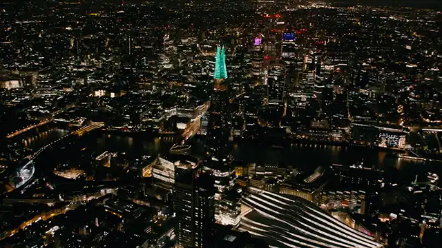 The Shard at night, shot from above