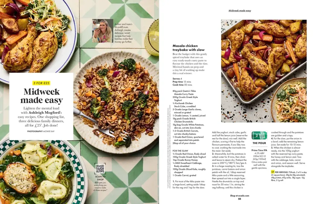 "Midweek made easy" recipe spread in OcadoLife magazine